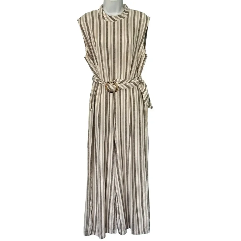 Calvin Klein White Beige Mock Neck Pinstripe Linen Blend Cropped Jumpsuit sz 12 - Picture 2 of 16